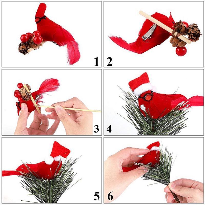 6pcs New Year Artificial Birds Red Clip-on Cardinals Feathered Bird Miniature Fake Birds Holiday Party Christmas Village Decor