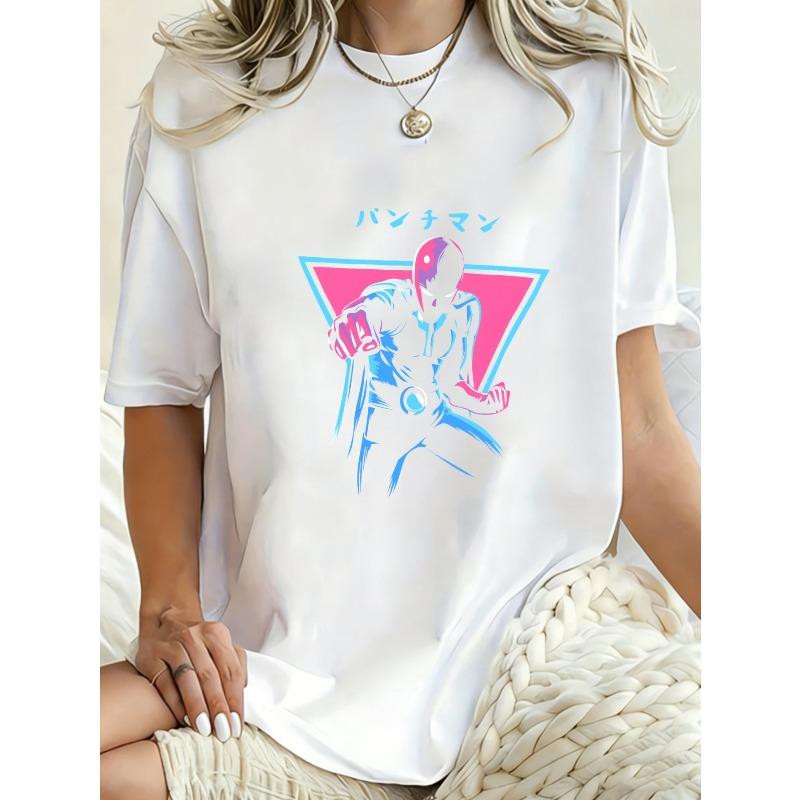 Oversized T Shirt Black Punch Man Anime Character Print With Japanese Text Casual Streetwear For Women