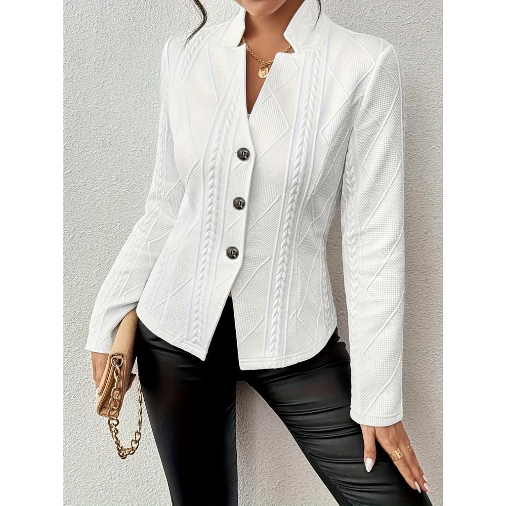 Autumn Winter Women's Button Pattern Blazer, Notched Lapel Tweed Office Jacket with Textured Design, Business Casual Coat for Commute Wear
