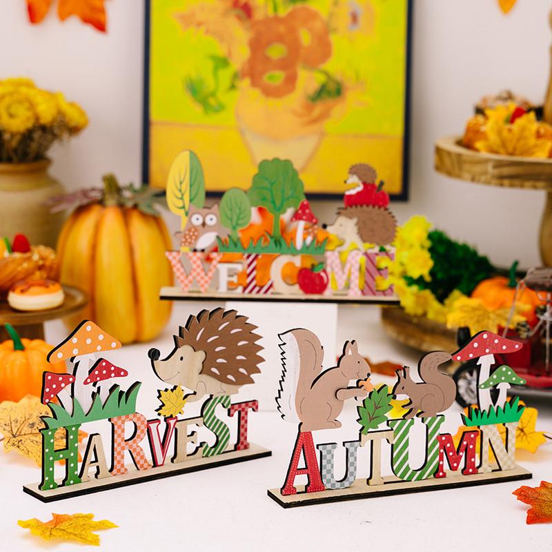 Stylish Harvest Season Wooden Animal Display Featuring Hedgehog And Designs Squirrel