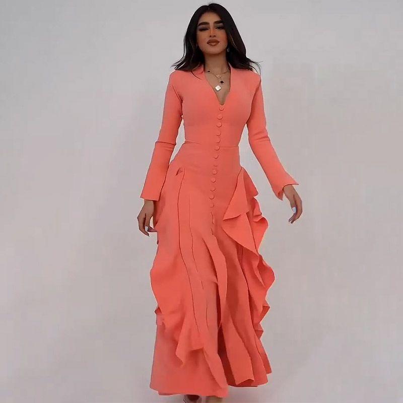 

Summer 2025 Cross-Border Fashion New Arrival Export V Neck Long Slit Elegant Ruffle Dress Dress Coral color 3XL