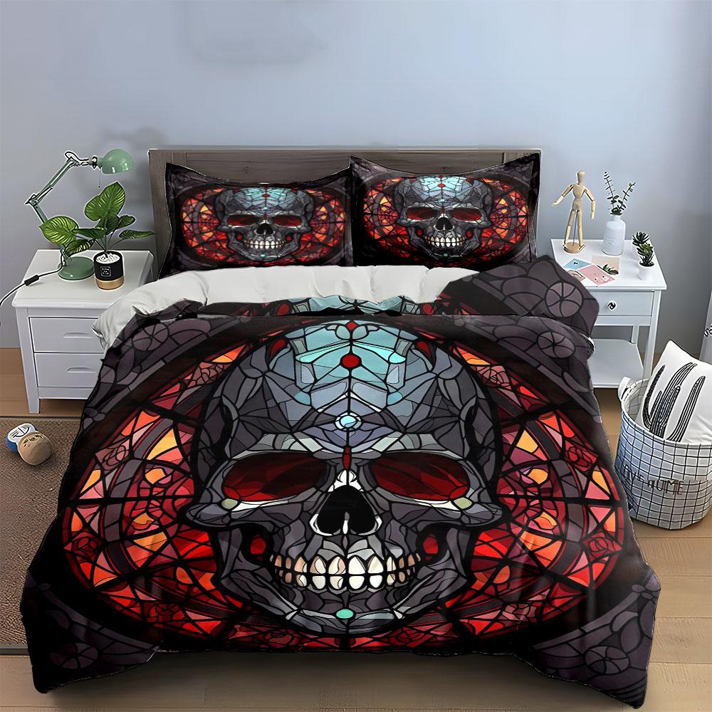 "Skull Design Stained Glass Set" Soft Skin-Friendly Bedding Set Includes 1 Duvet Cover And 2 Pillowcase Gift