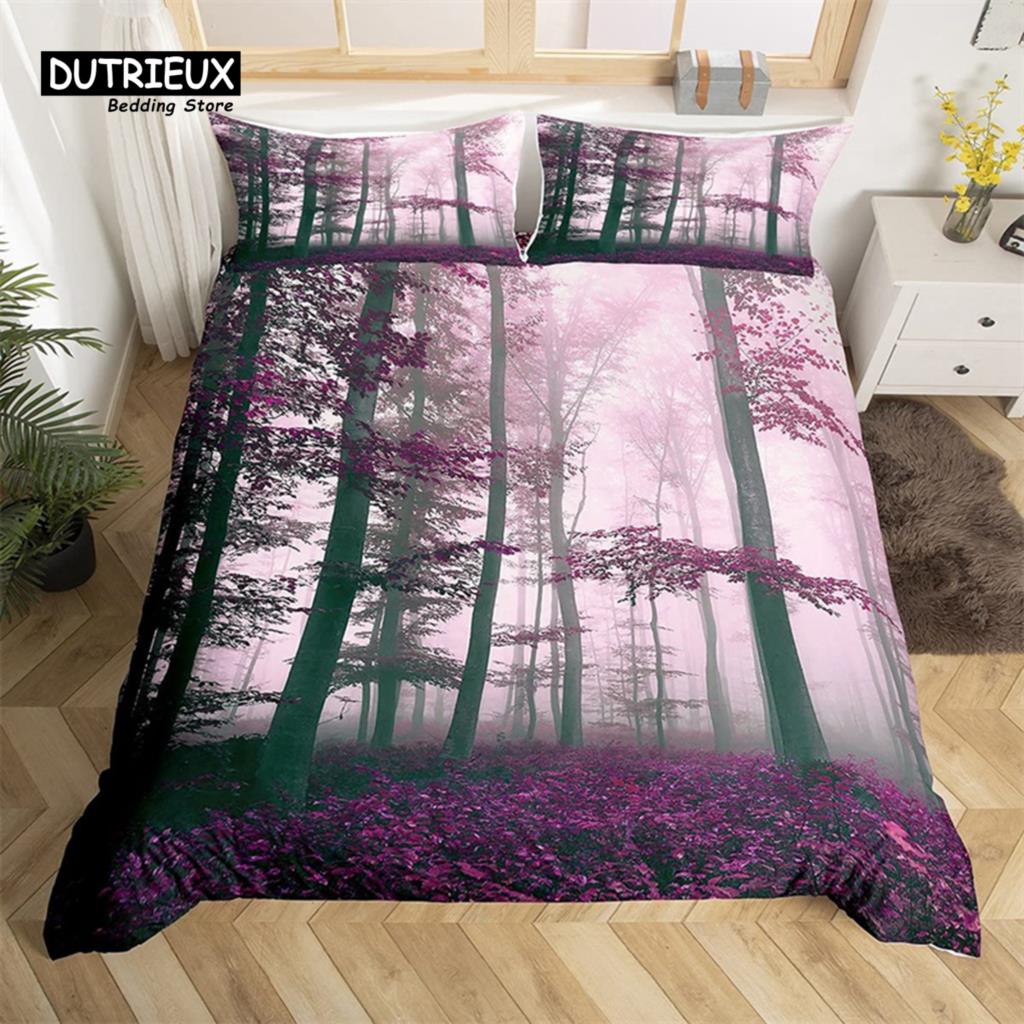 Dense Birch Trees with Red Leaves Duvet Cover Tree Lush King Bedding Set Polyester Jungle Nature Botanical Print Comforter Cover