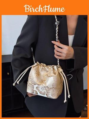 Style Embroidered Bucket Bag With Silk Material For Casual Travel And Daily Use