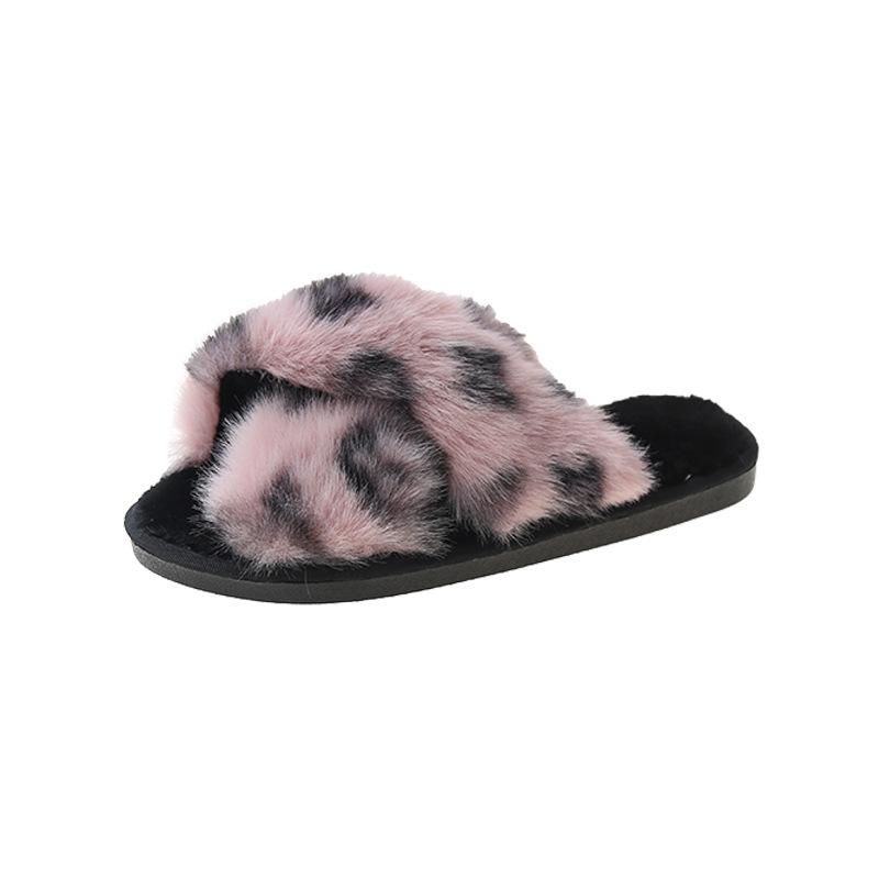 Amazon cross leopard print fluffy slippers autumn and winter warm home indoor flat bottom fashion floor cotton slippers