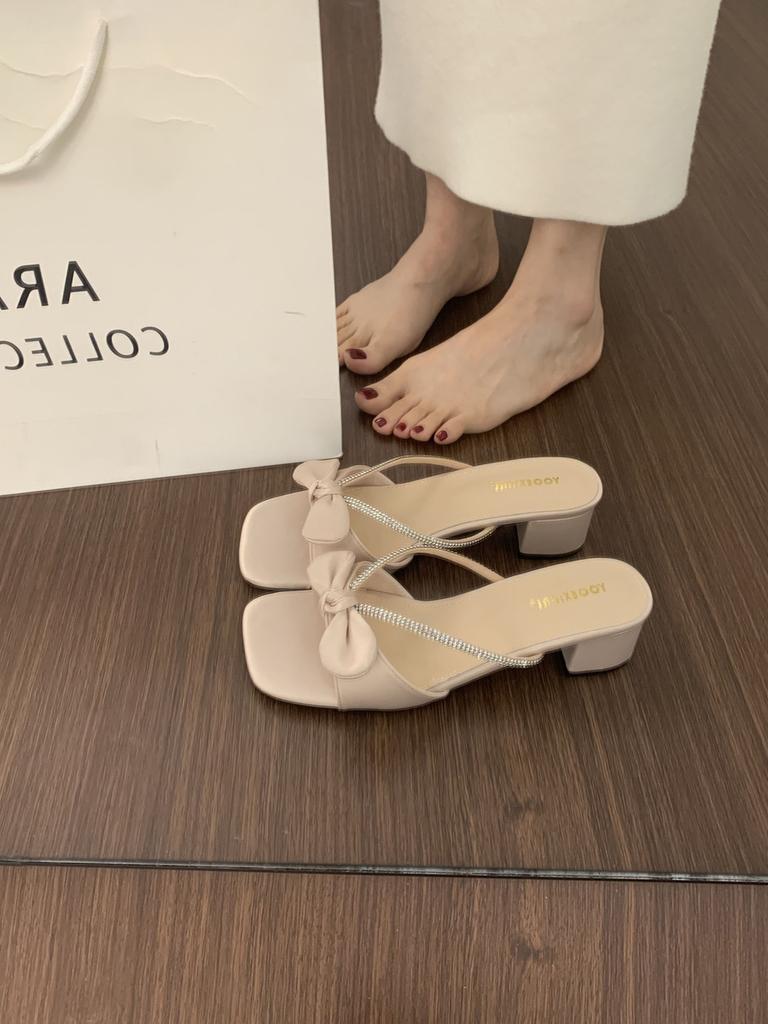 Bow Word with Rhinestone Cool Slippers Women's Summer Wear 2025 New 3cm Small High Heel Thick Heel Fashion Sandals
