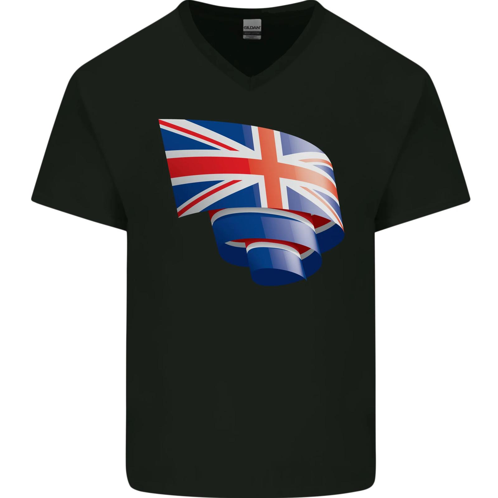 Curled British Flag Union Jack Britain Mens V-Neck Cotton T-Shirt S