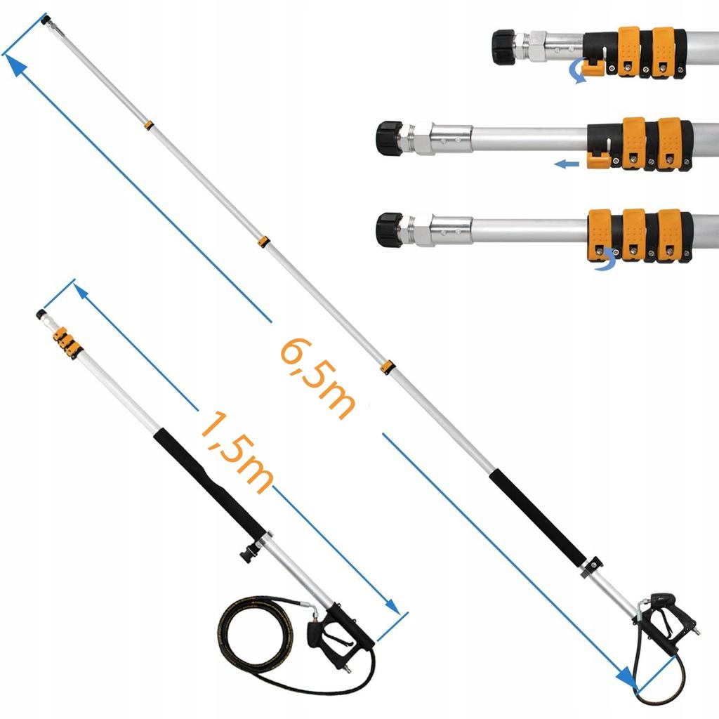 Rosfix Lanca Teleskopowa do Myjki Ciśnieniowej – Długość 1,5m–6,3m | Ciśnienie 4000 PSI | W zestawie Dysze i Pas Mocujący
