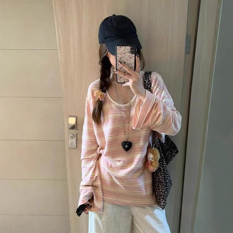 Women's Relaxed Color Block Striped Long Sleeve T-Shirt - Spring 2025 Loose Chic Style