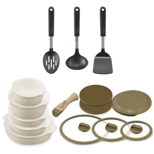 Iris Ohyama DPAN-12S 12-Piece Frying Pan Set (Includes 3-Piece Kitchen Utensil Set) - Gas & Induction Compatible, Oven Safe, Ivory