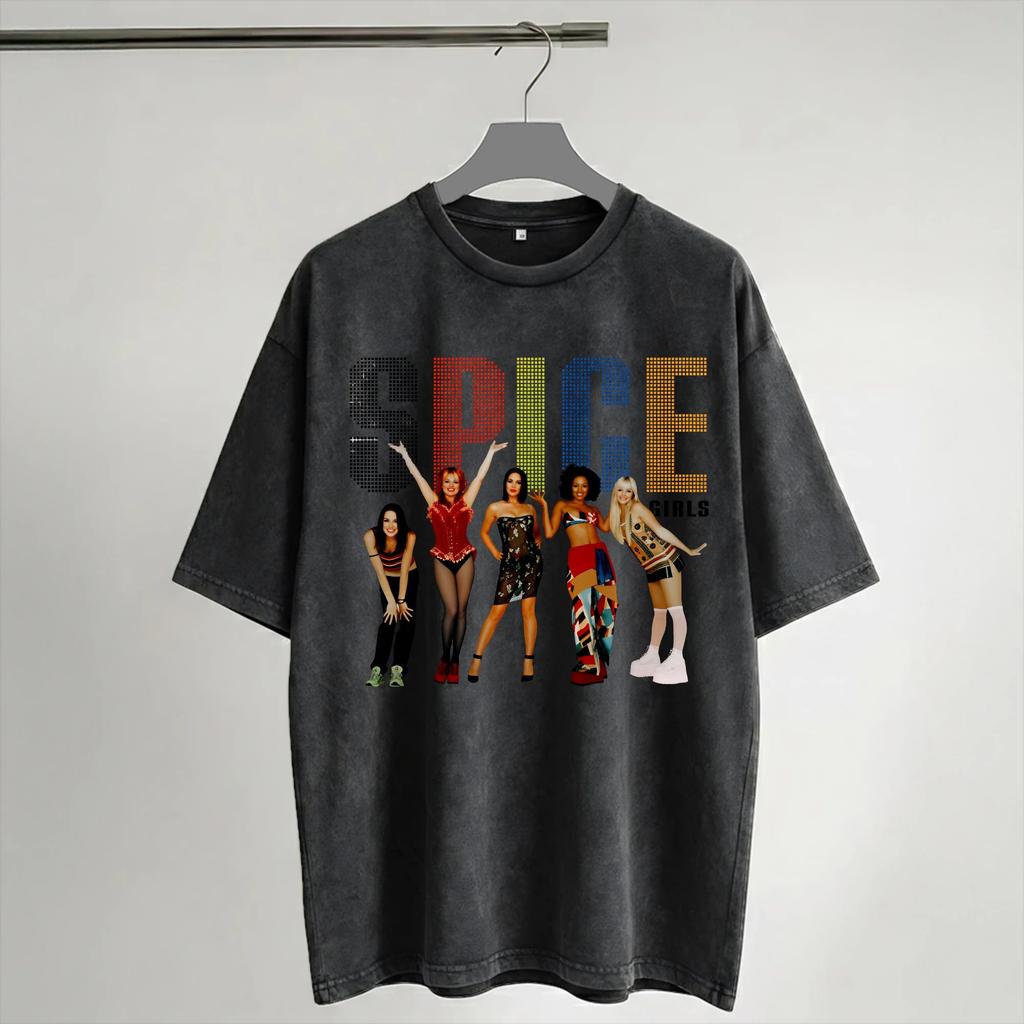 Harajuku Washed Shirt Spice Girls Tour Outfit Vintage T Shirt Oversize Streetwear Short Sleeve Printed Tops Tees