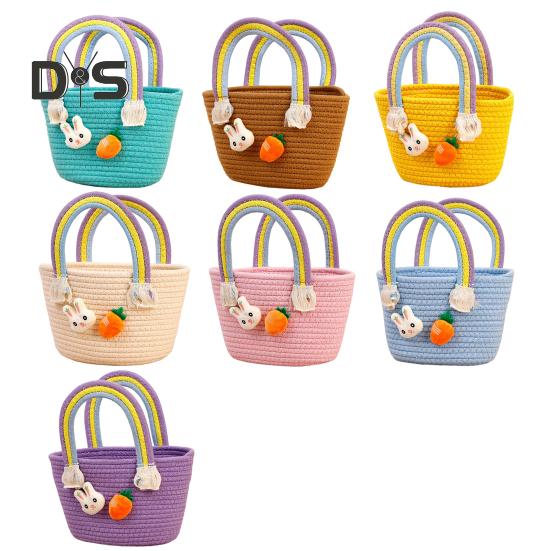 Gewebter Osterkorb mit Griff, gewebter Korb aus Baumwolle für die Eiersuche mit Hase und Karotte, leere Oster-Leckerli-Tasche für Geschenke und Süßigkeiten