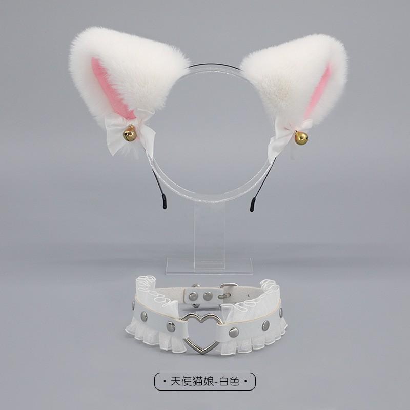 Handmade Lace Bow Choker With Bell Pendant Animal Ear Headband Set Lolita Style