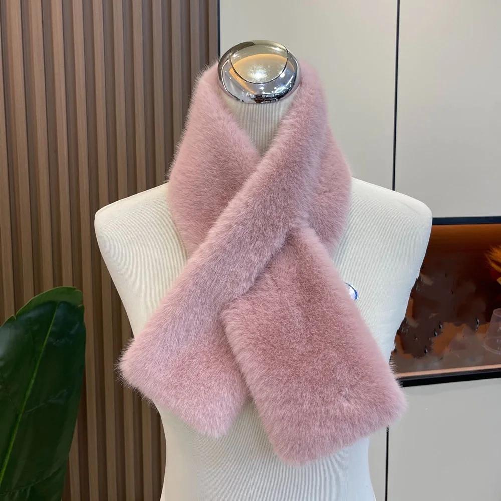 Women Winter Warm Thicken Cross Collar Scarf Solid Color Faux Rabbit Fur Cold Proof Scarves Fashion Soft Furry Neck Warmer