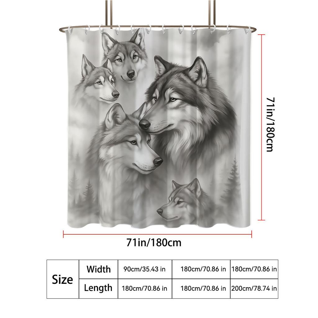 1Pc Wolf Pattern Printed Shower Curtain, Waterproof, With 12 Hooks, Bathroom Showers, Bathtub, Fashionable Home Use