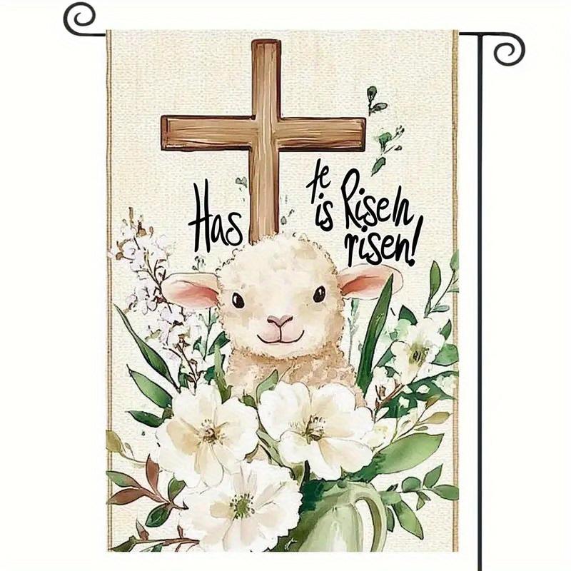 Easter Double-Sided Garden Flag - Linen Blend, "He Has Risen!" Cross, Lamb & Floral Design - Weather-Resistant Spring Holiday Outdoor Decor for Porch,