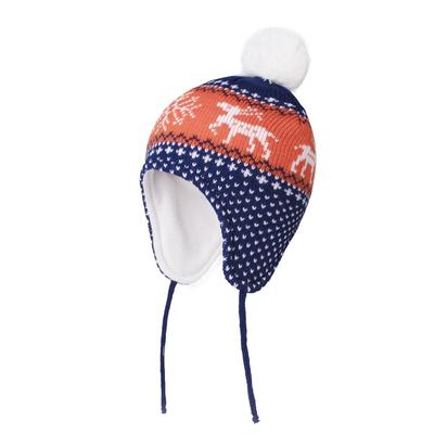 Wintermütze für Kleinkinder, Babys, Jungen und Mädchen, Totenkopfmütze, Hirsch, Jacquard, Ohrenklappen, dicke, warme Strickmütze aus Wolle mit Bommel