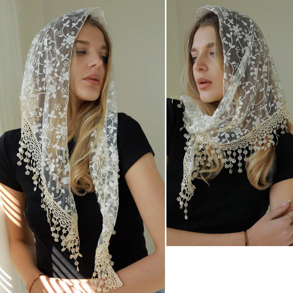 Lace Headscarf Floral Hollow Breathable Solid Color Women's Triangle Scarf Silk Scarf
