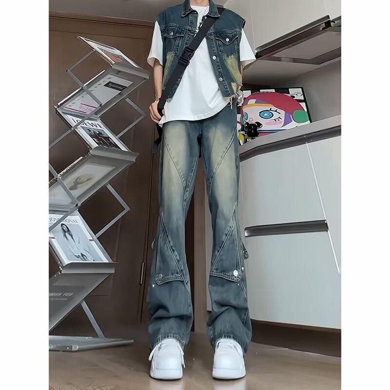 JYL Мужские синие джинсы Винтажная пуговица Свободные Прямые Зауженные Клеш Джинсовые брюки M бездна