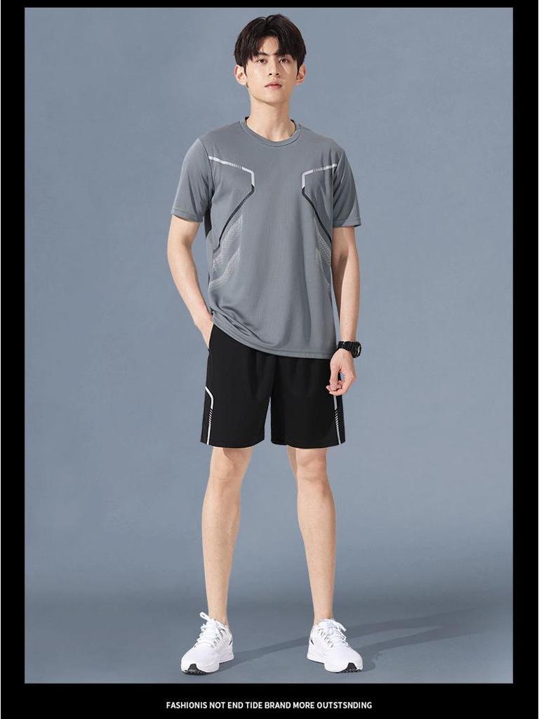 Men's Ice Silk Quick-Dry Fitness T-Shirt & Shorts Set - Short Sleeve Sportswear for Summer, Ideal for Basketball, Running, and Training.