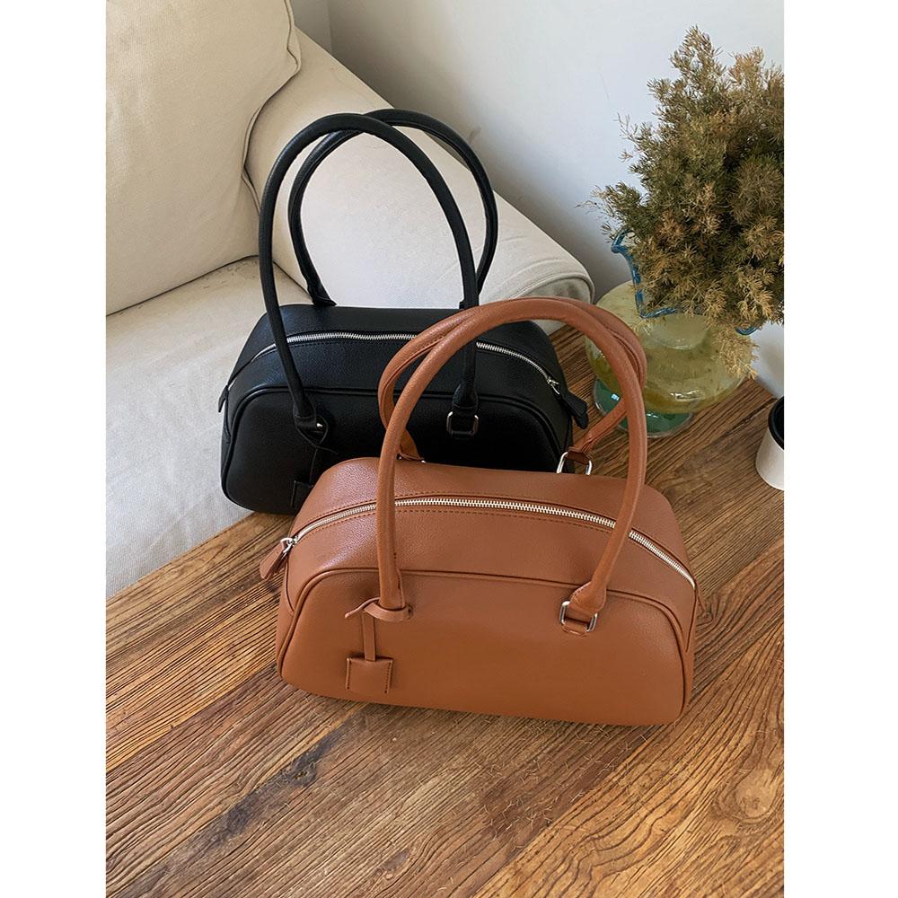 New Winter Big Size Soft Leather Women Large Retro Bowling Bags Commute Handbags High Quality Simple Shoulder Bag Brown