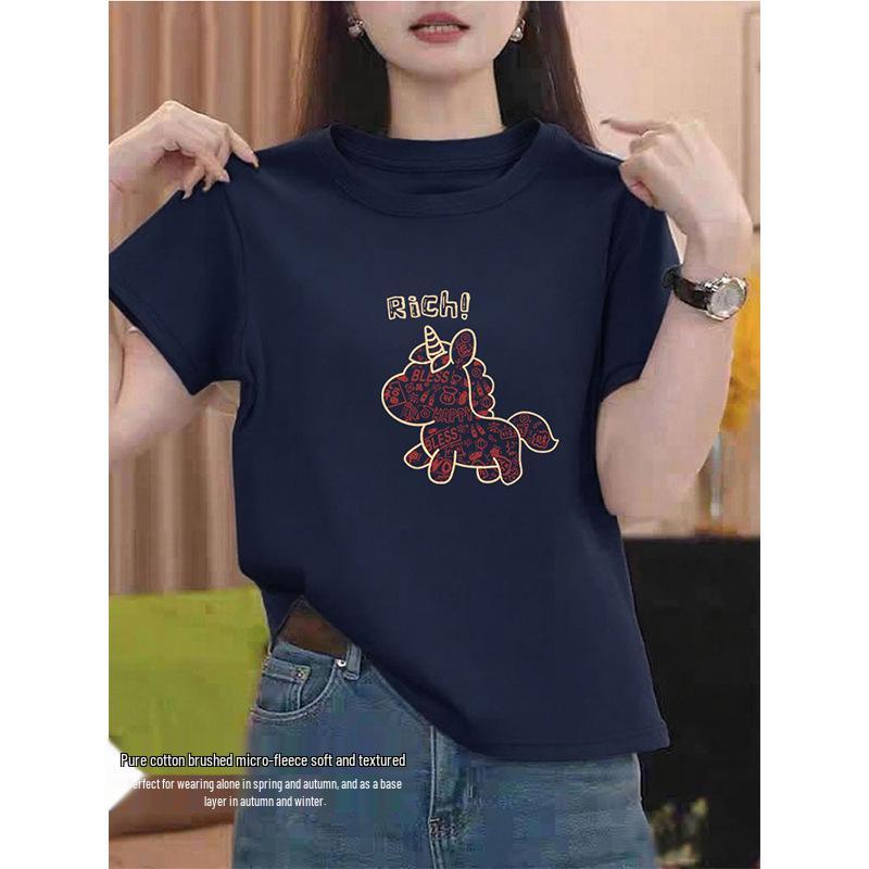 

Women s Fuchsia Short Sleeve Cotton T-shirt with Little Horse Print - Versatile for Spring, Autumn, Winter Triple Extra Large