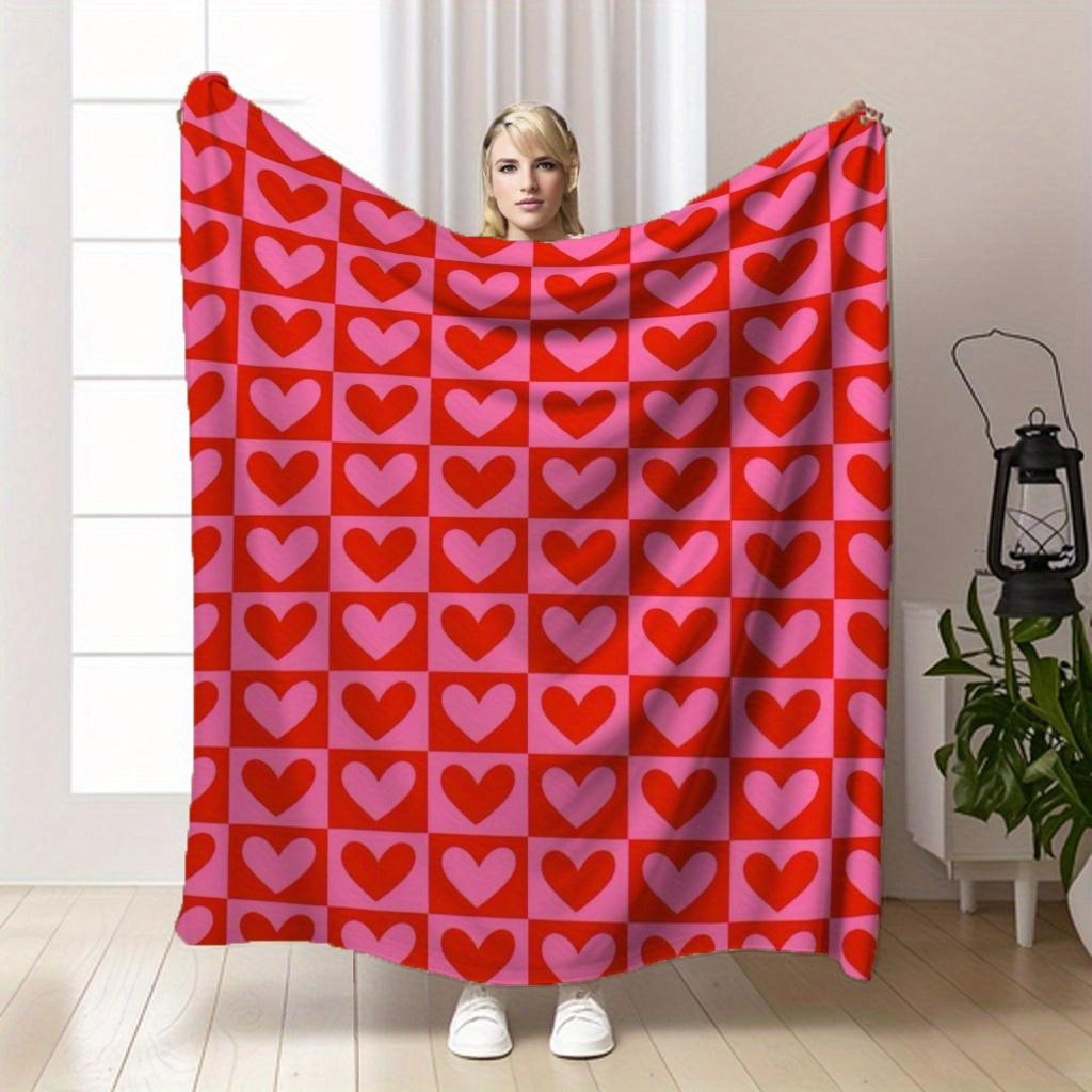 Red and Pink Heart and Plaid Print Flannel Throw Blanket Soft Warm and Cozy for Couch Bed Office or Camping All-Season Use