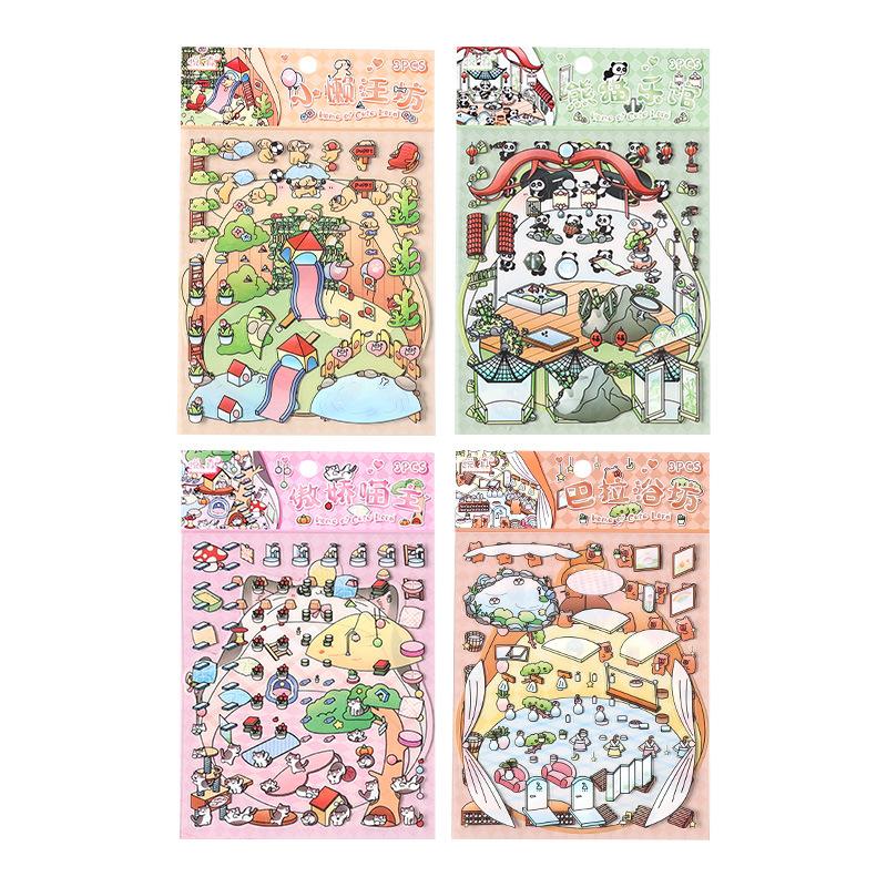 

4 Style 3sheets/bag PET 3D Stereo Scene Sticker Creativity Adhesive Diy Hand Account Stick Labels Diary Album Decoration Sticker