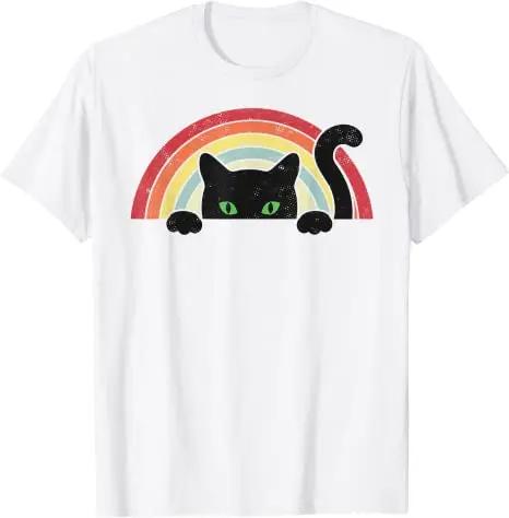 Cat Rainbow Shirt, Vintage Cute Black-Cat Teen Girls and WoUnisex Cat-Lover T-Shirt Graphic Tee Top Short Sleeve Basics Outifts