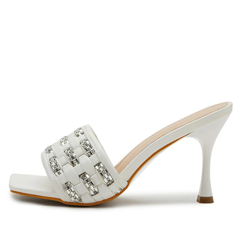 Liyke Runway Style Design Weav Crystal Rhinestone Thin High Heels Outdoor Streets Fashion Slippers Women Summer Sandals Shoes