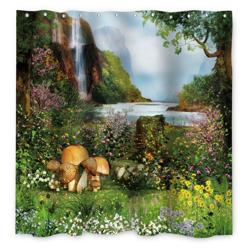 Enchanted Forest Shower Curtain Cartoon Magic Tale Mushroom Wonderland Gothic Shower Curtain Waterproof Bath Decor With Hooks