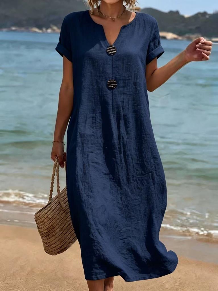 Summer European and American New Seaside Vacation White Women's Casual Solid Color Cotton and Linen Dress Mixed Batch