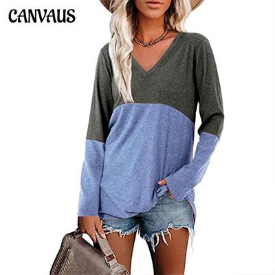 Frühling Herbst frauen Bluse Hemd Kollision Nähte V-ausschnitt Mit Langen ärmeln Lose T-shirt Tops