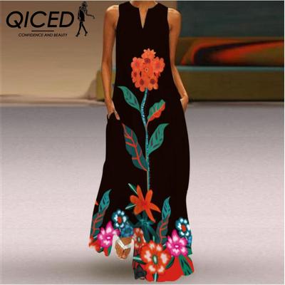 Summer Women's Sleeveless Long v-Neck Printed Jade Flower Dresses