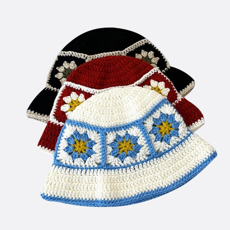 Summer Sunproof Crochet Bucket Hat Ladies Spring Commute Camping Fisherman Cap with Flower Pattern for Girlfriend