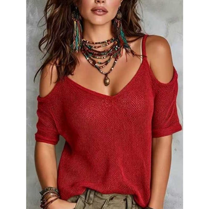 Women S Solid Mesh Cold Shoulder Knit Top Short Sleeve Summer