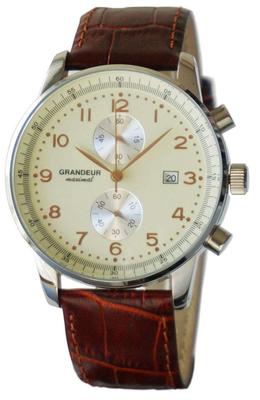 10 ATM Water Resistant Leather Chronograph Watch OSC051W1 Cream X Leather [GRANDEUR] Men's Silver/Brown
