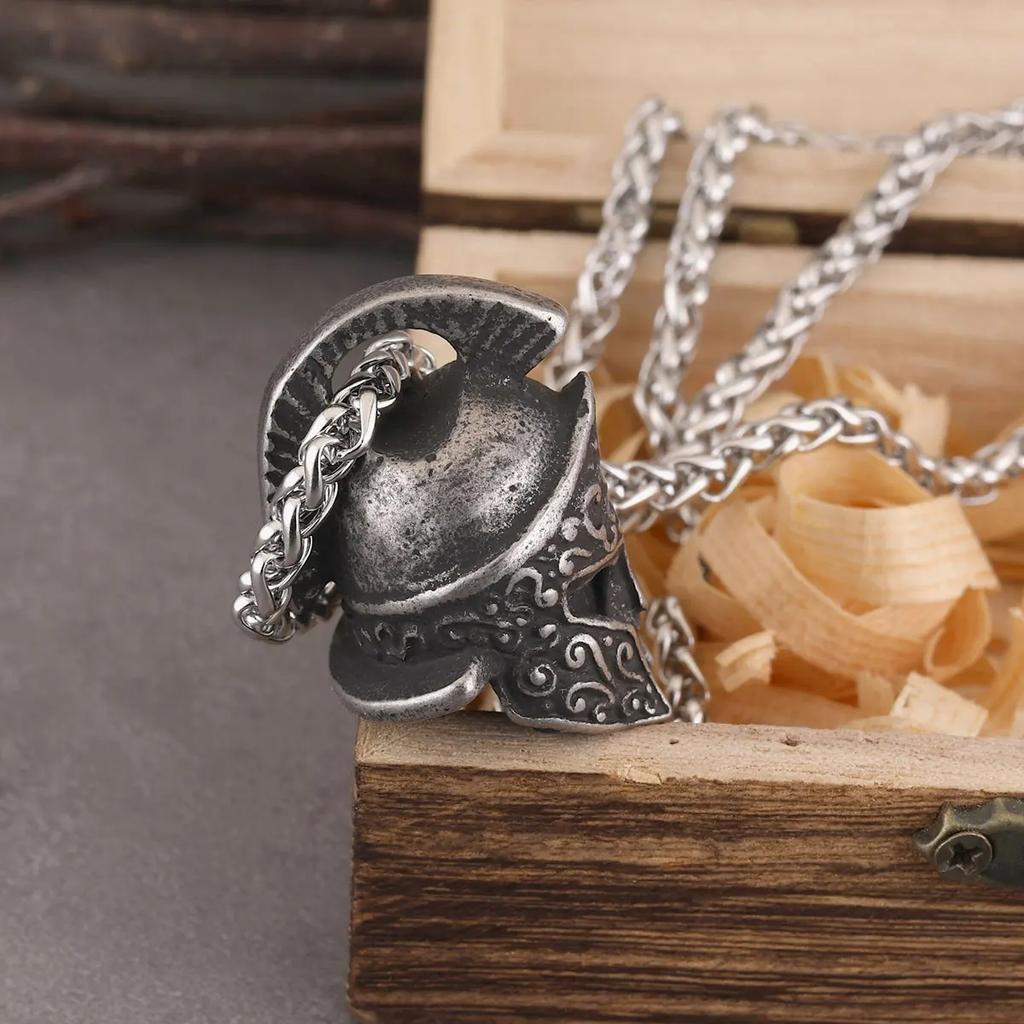 Skull Helmet Warrior Pendant Necklace Talisman Rune Necklace Jewelry Motorcycle Rider Punk Hip Hop Gift