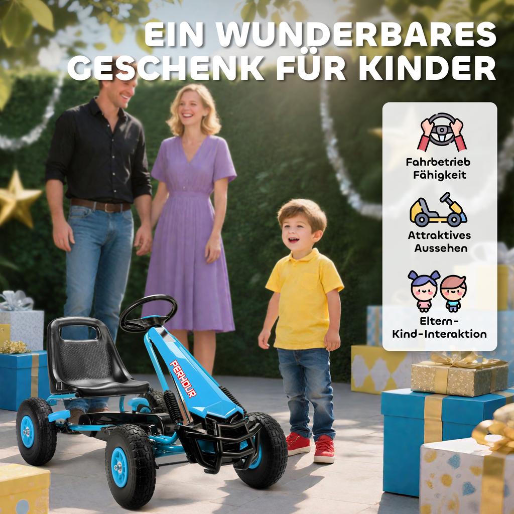 Go-kart a pedali per bambini con sedile regolabile, pneumatici in EVA, frizione manuale, freno, Go-kart per bambini 3-8 anni, Blu