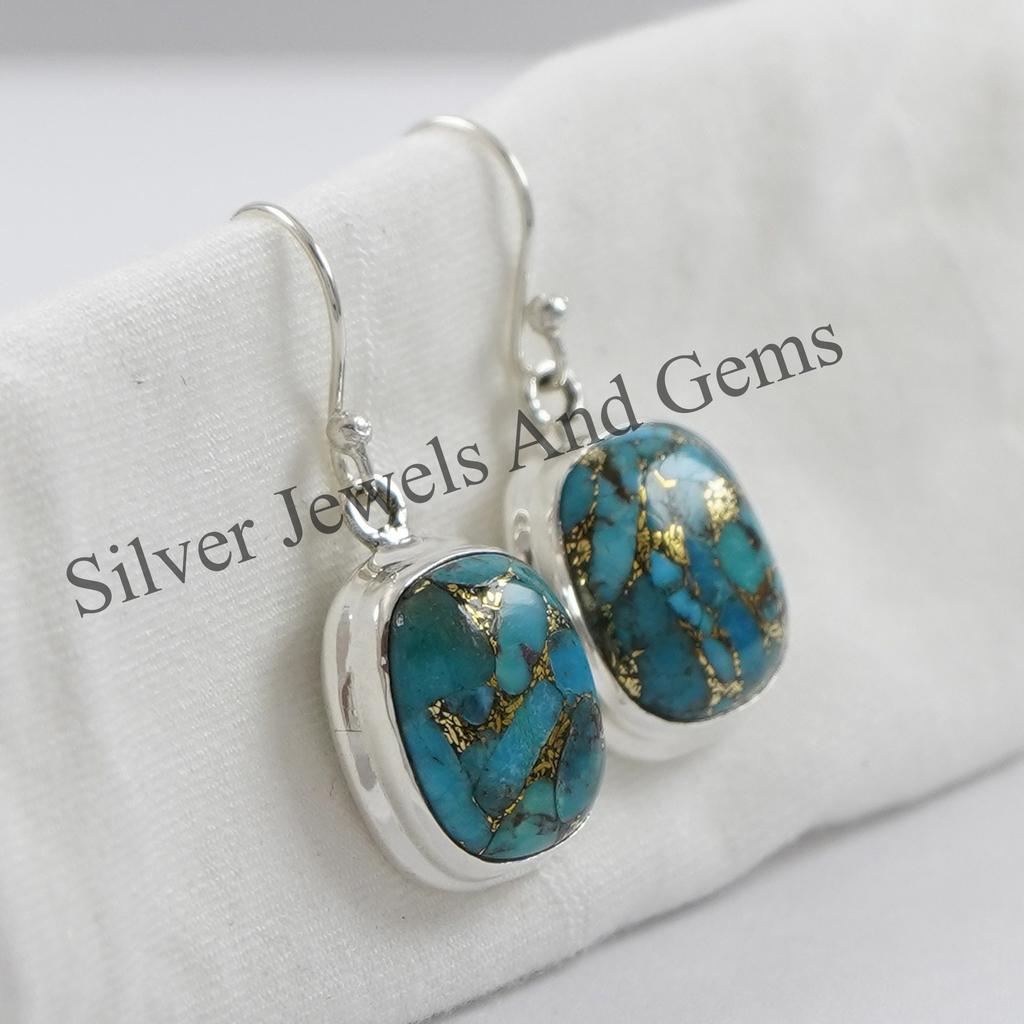 Blue Copper Turquoise Earrings, 925 Sterling Silver, Rectangle Gemstone