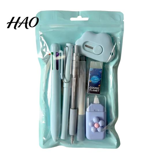 Portable Storage Stationery Case 7PCS Set, Macaron Color Gel Pens/Correction Tape/Cutter/Eraser Include, Learning Supplies Office Records with