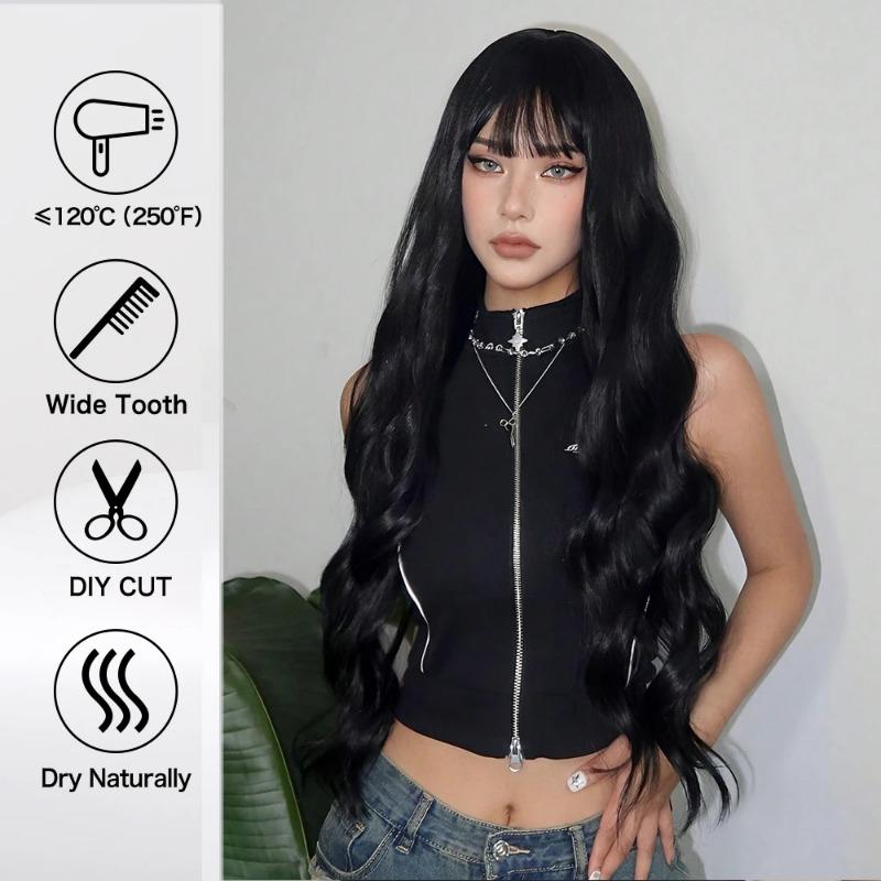 Natural Black Curly Long Wavy Synthetic Wigs with Bangs for White Women Body Wave Dark Cosplay Lolita Hair Wig Heat Resistant