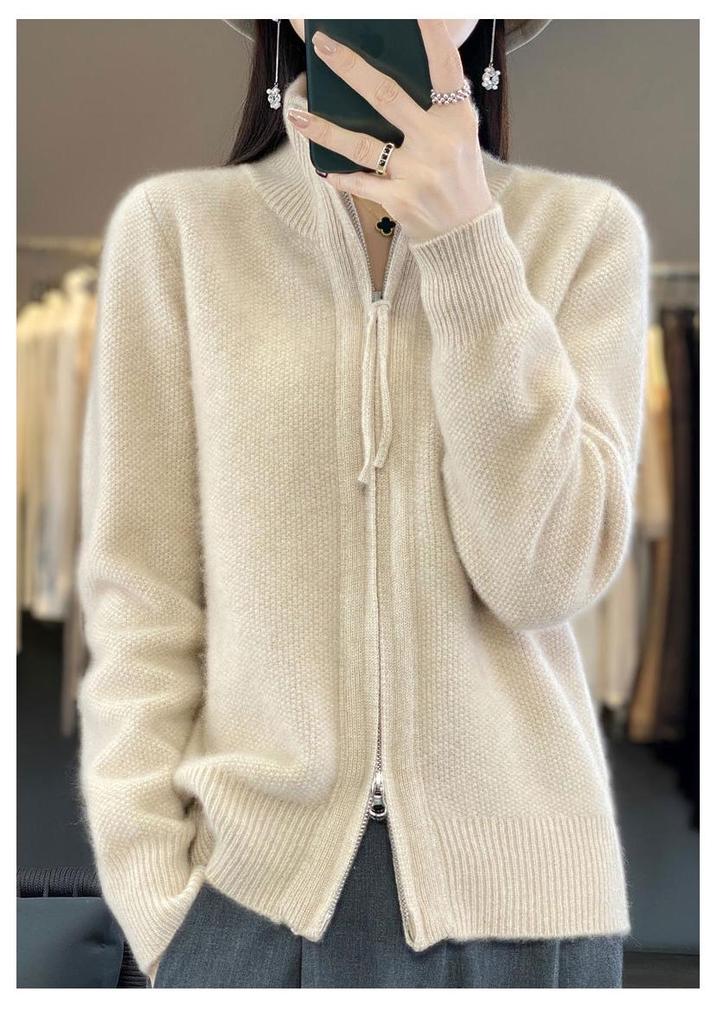 Women's Wool Double Zipper High Collar Cardigan - Long Sleeve, Loose Fit, Solid Color.