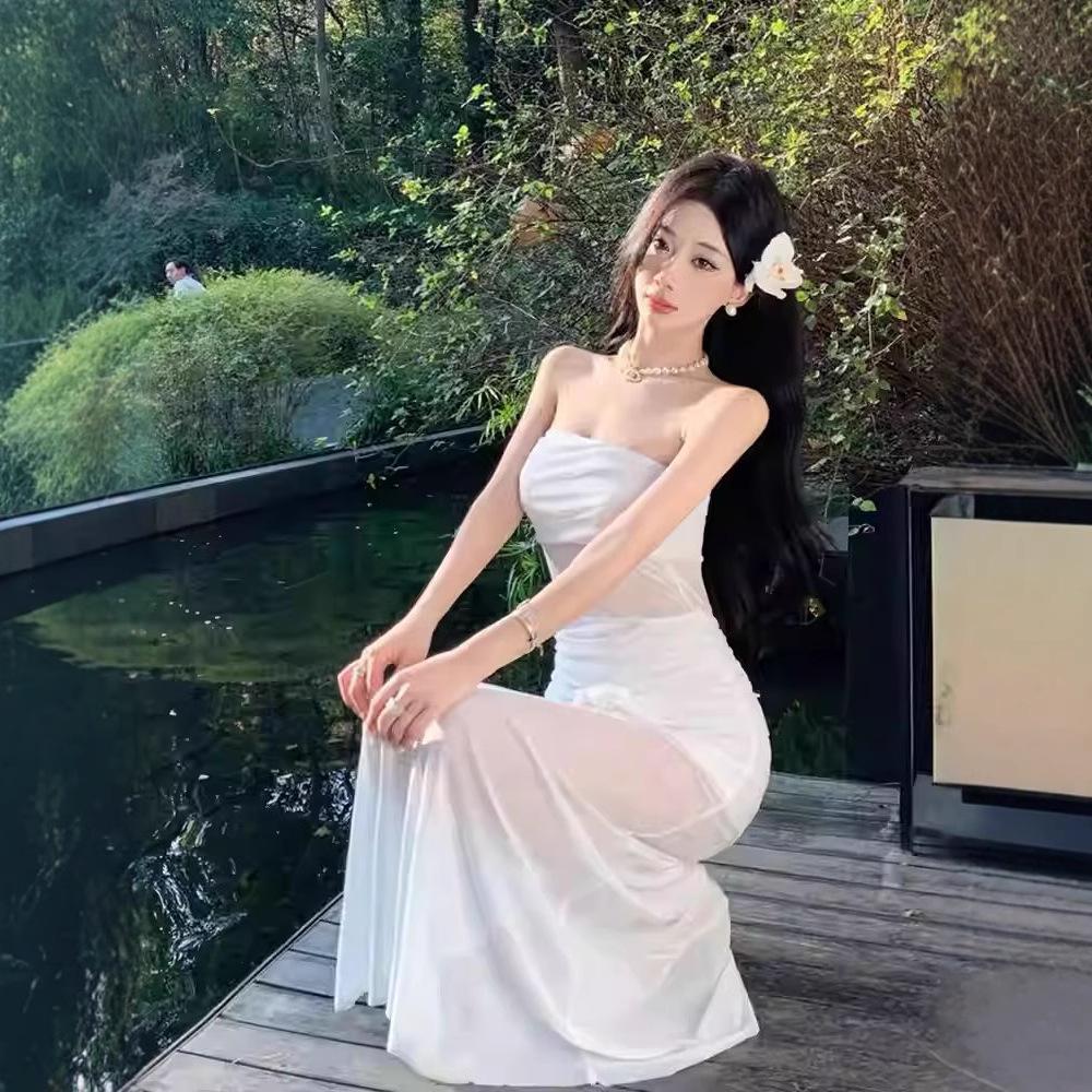 French Super Fairy Vacation Style Sexy Perspective Mesh Flower Tube Top Dress Women's Design Sense Slim Temperament Long Dress
