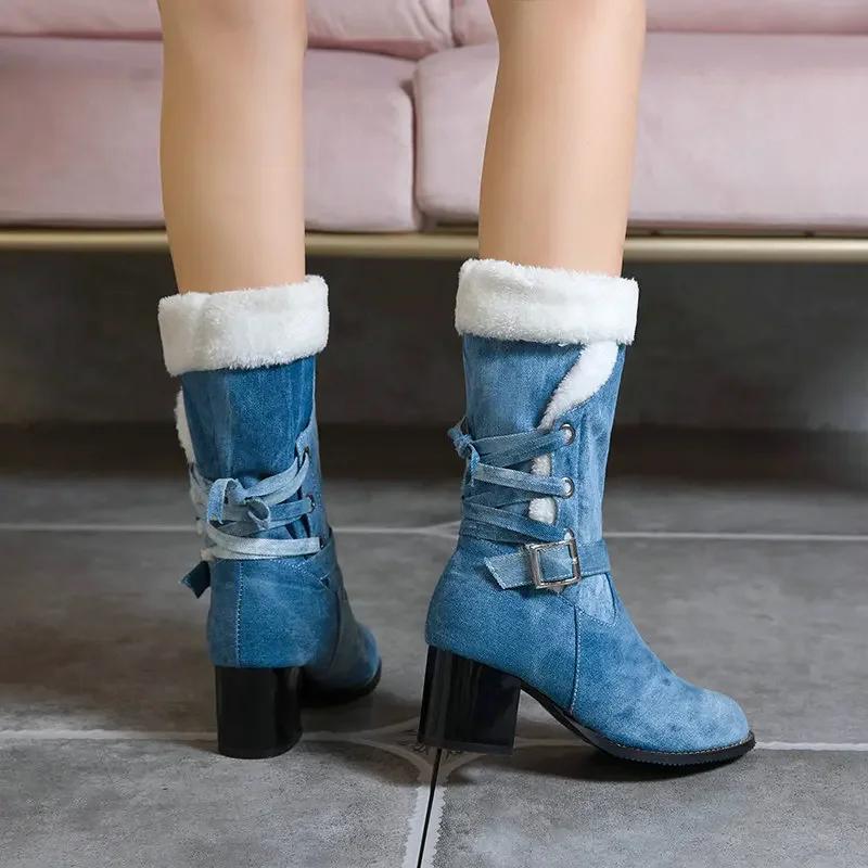 Mode Übergröße 6CM Absätze Damen Mid-Calf Schuhe Komfort Botas Mujer Top Qualität Damen Schneestiefel Warm Dickes Fell Winterstiefel Schuh