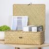 4-grid Woven Seagrass Desktop Organizer Box with Lid Divided Makeup Cosmetics Storage Basket for Home Office Wardrobe Shelf