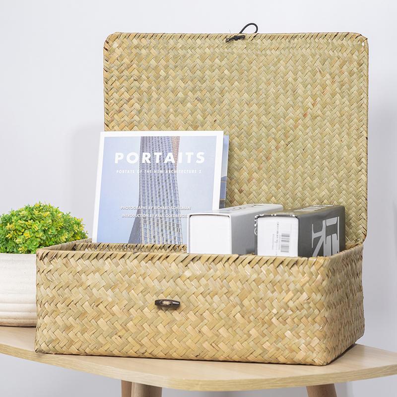 4-grid Woven Seagrass Desktop Organizer Box with Lid Divided Makeup Cosmetics Storage Basket for Home Office Wardrobe Shelf