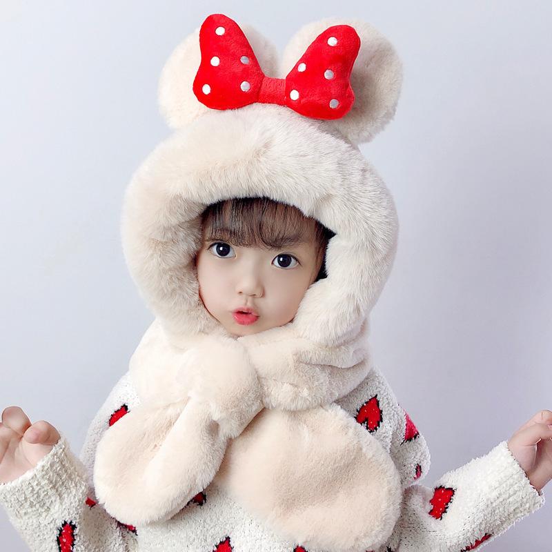 

Winter children s hats, scarves, one-piece two-piece set, autumn and winter cute bow plush hat, warm outdoor and cold proof