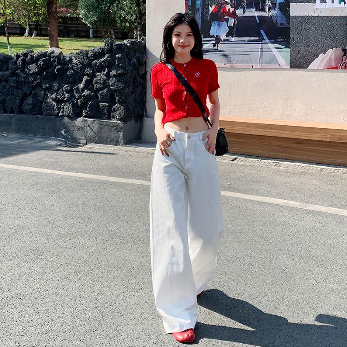 Versatile Retro High-Waisted Patchwork Wide-Leg Jeans for Women - Three Color Options, Loose Casual Straight Floor-Length Design.