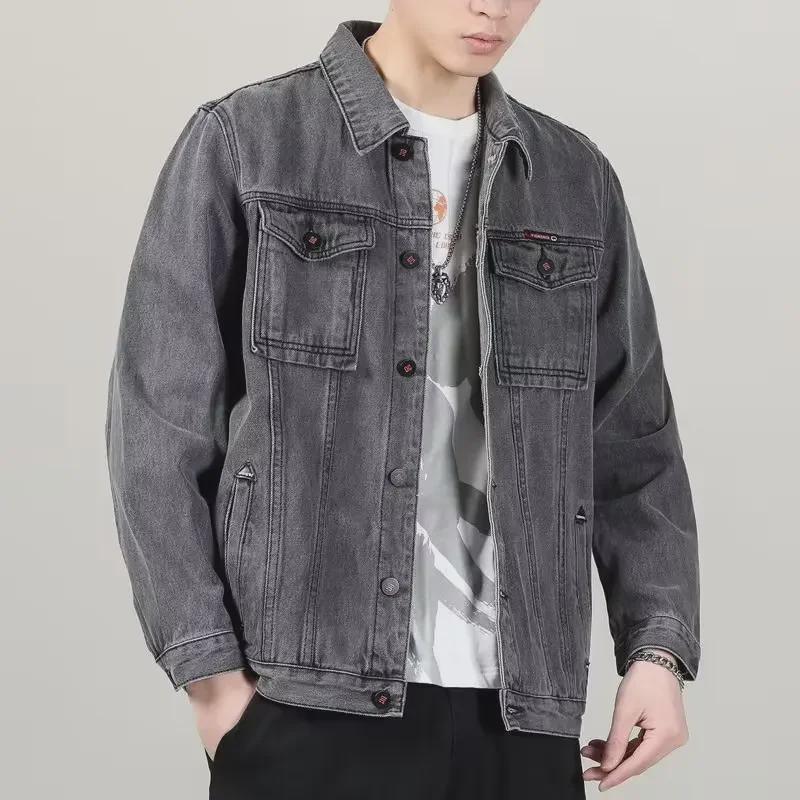 Męska kurtka dżinsowa w kolorze czarnym o luźnym kroju: Wiosna i Jesień Modna Odzież Robocza w Stylu Koreańskim